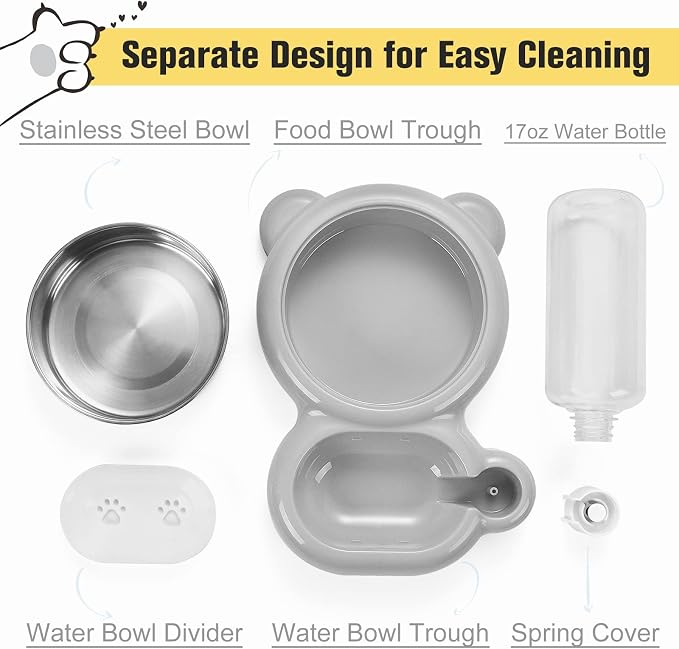 Double Dog Cat Bowls, Cat Food and Water Bowl Set with Auto-Water Dispenser and Stainless Steel Bowl Feeder for Small Size Dogs & Cats, Anti-Slip & Splash Design, Cute Gray
