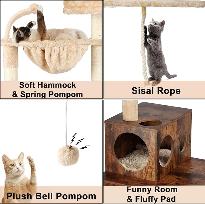 Timberer Cat Tree with Litter Box Enclosure, 2-in-1 Cat Tower for Indoor Cats, Large Wood Cat Condo with Basket, Scratching Posts, Pompoms, Rustic Brown