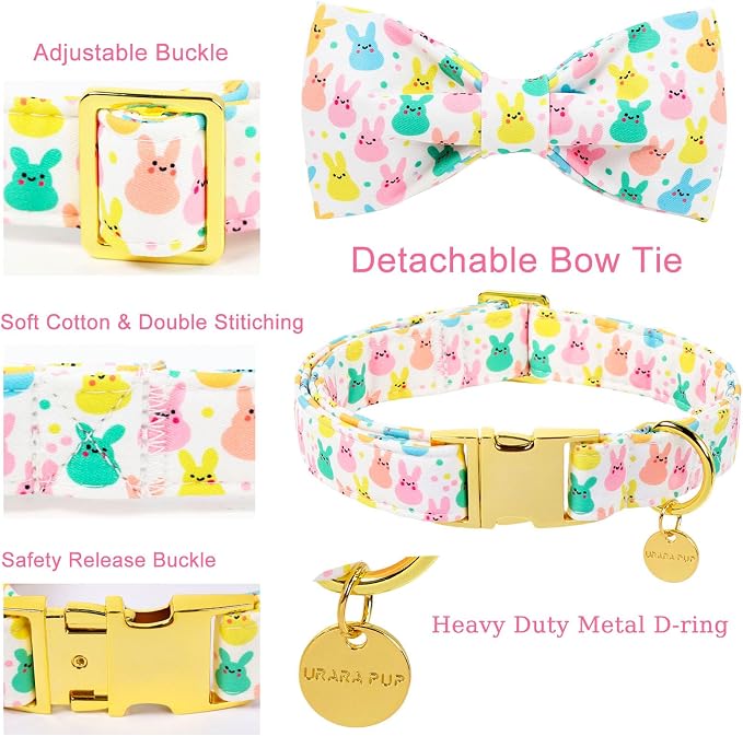 Easter Dog Collar with Bow Tie, Cotton Bunny Bowtie for Large Girl Boy Dog, Cute Rabbit Pet Collar with Metal Buckle, Gift, XS
