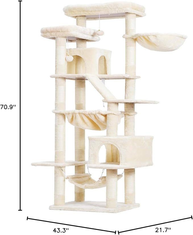 Heybly Cat Tree, 71-Inch-Tall Tower for Indoor Cats with 2 Perches, 2 Big Condos, 2 Hammocks, Basket, Scratching Pad, Large Cat Furniture and Condo, Beige HCT034M