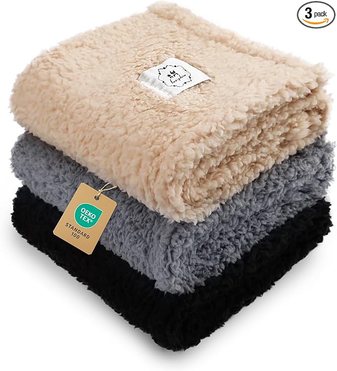 1 Pack 3 Calming Blankets Fluffy Premium Fleece Pet Blanket Soft Sherpa Throw for Dog Puppy Cat Beige/Black/Grey Large (41" x31'')