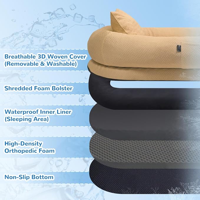 YAEM Cooling Human Dog Bed, 71"x45"x12" Breathable Human Size Dog Bed for Adults, Waterproof Giant Pet Beds with Washable Cover & Non-Skid Bottom, Dune Brown