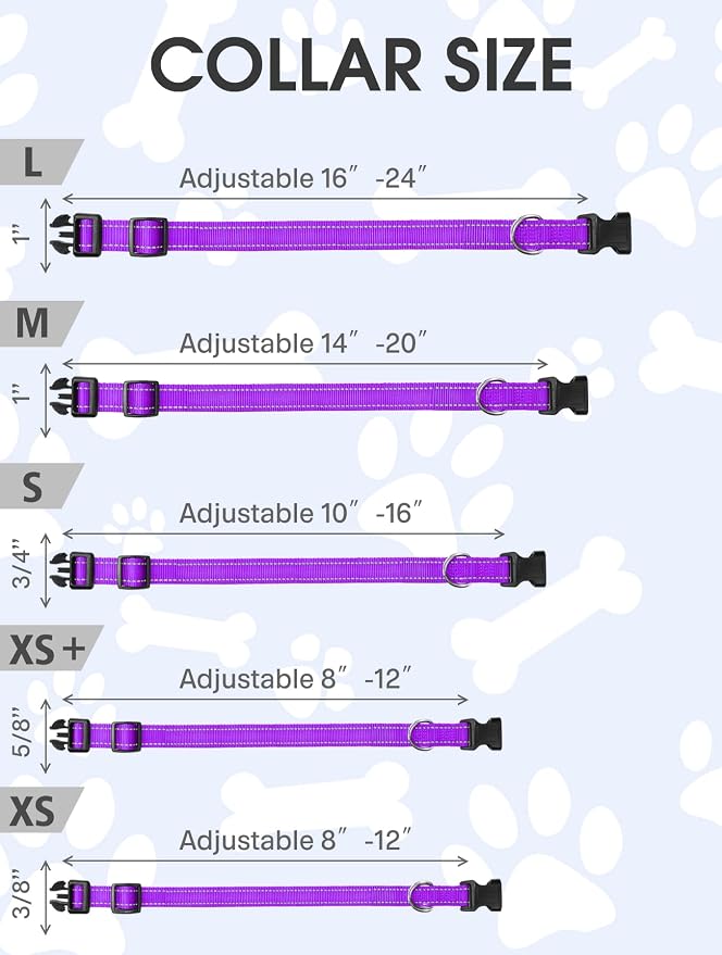 FunTags Length 8" - 12" Reflective Purple Dog Collar for Puppy/Extra Small Dogs – Night Walking & Training Safety, Durable Quick Release Buckle, Nylon, Comfortable Adjustable, Width 3/8"