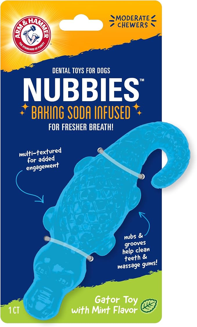 Arm & Hammer Nubbies Gator Dental Chew Toy for Dogs, Mint Flavor, Baking Soda Infused, Scrubbing Grooves to Reduce Plaque and Tartar, No Stuffing, for Moderate Chewers