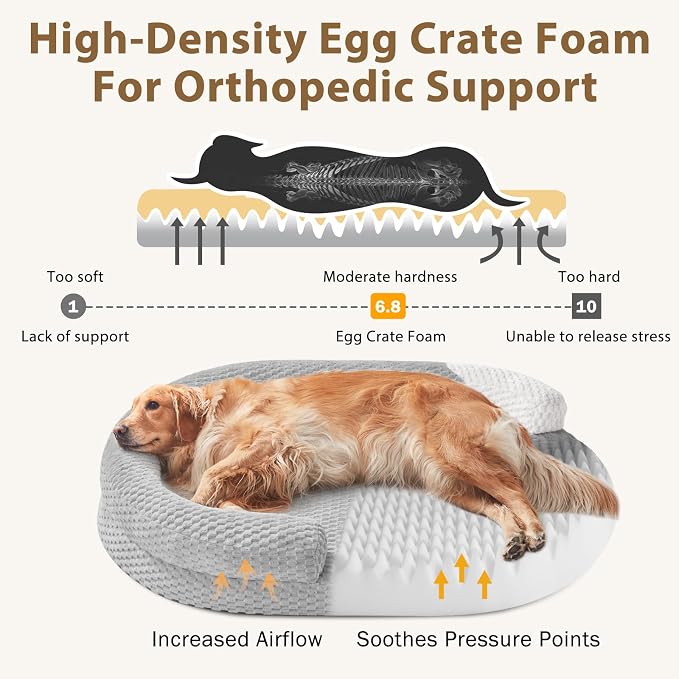 JOEJOY Orthopedic Dog Beds Large Sized Dog, Washable Waterproof Oval Large Dog Bed with Removable Cover, Big Egg-Crate Memory Foam Pet Bed with Bolster Sides & Non-Skid Bottom, Light Grey, 36''x27''