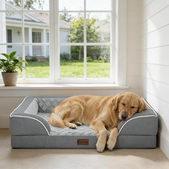 Orthopedic Dog Beds for Extra Large Sized Dogs 45x35 Inch, XL Waterproof Egg Crate Foam Dog Sofa Bed with Removable Washable Cover Big Pet Couch with Bolster & Non-Slip Bottom, Grey