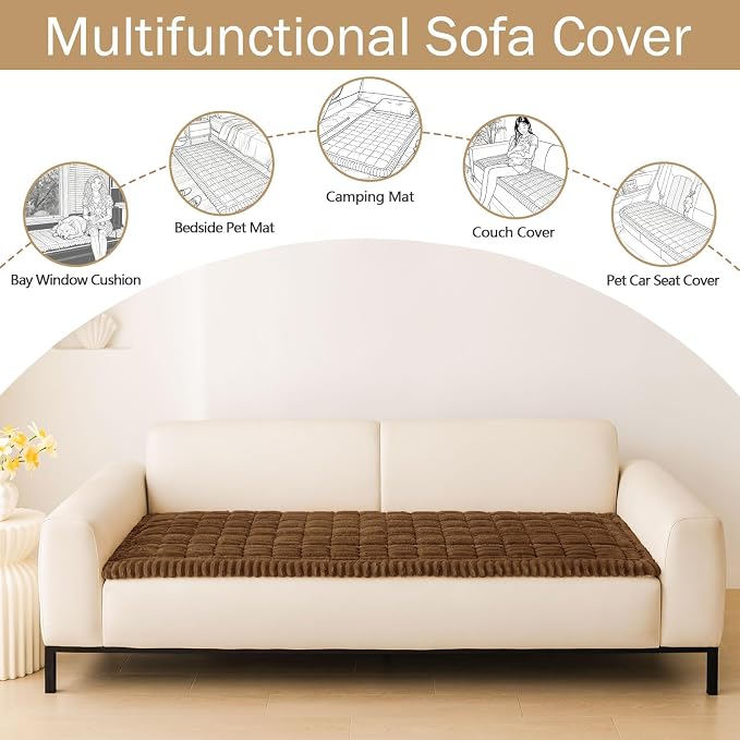 hyha Couch Cover for Dogs Washable, Non Slip Thick Flannel Sofa Protector, Pet Friendly Plush Furniture Cover for Sectional Sofa & Loveseat (Brown, 27.6" x 88")