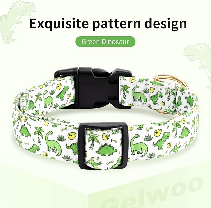 Cotton Dog Collar,Soft and Cute Puppy Collars with Dinosaur Patterned Design for Girl Female Boy Dogs,Adjustable Buckle Pet Collar for Small Medium Large Dogs (Green Dinosaur, S)