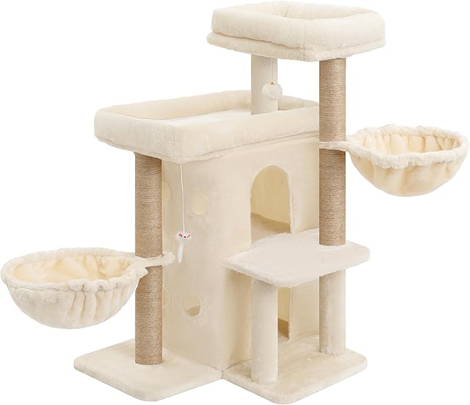 Heybly Cat Tree with Reinforced Big Base, 41.3-Inch Sturdy Cat Tower for Indoor Cats Featuring 2 Roomy Platforms, Double Cat Condo, 2 Cozy Baskets, Full Sisal Scratching Posts, Beige HCT075MJ