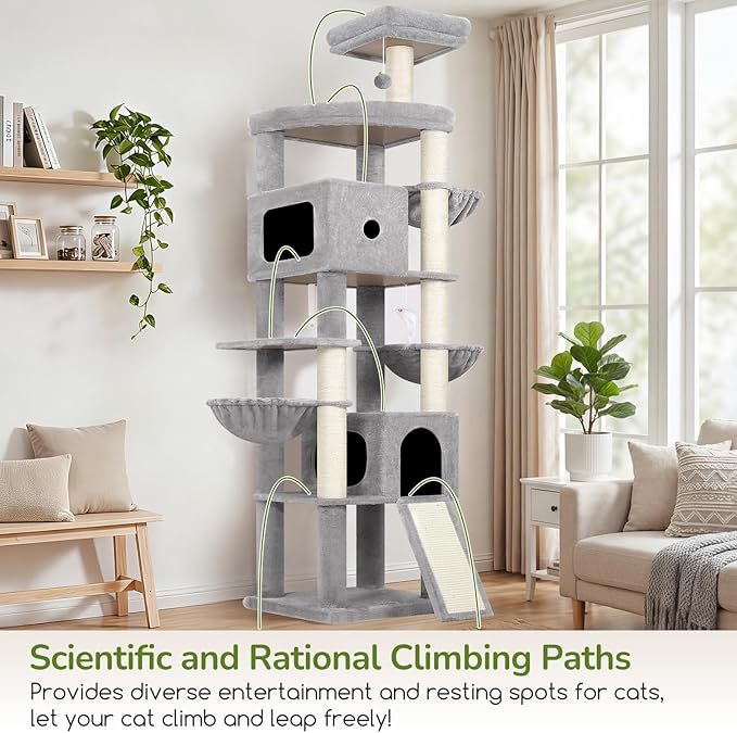 Globlazer 83in Heavy Duty Cat Tree, Giant Cat Tower with 2 Condos & 3 Hanging Baskets, Multi-Level Tall Cat Condo for Large Adult Cats, 7 Scratching Posts, F83C, Light Grey