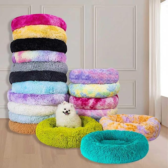 Calming Dog Bed for Small Dogs Cats, Kitty Puppy 23'' Round Anti-Anxiety Warm Fluffy Plush Faux Fur Bed, Soft Anti-Slip Donut Washable Small Pet Bed, Cozy Cat Puppy Bed, Fits up to 30 lbs Pets