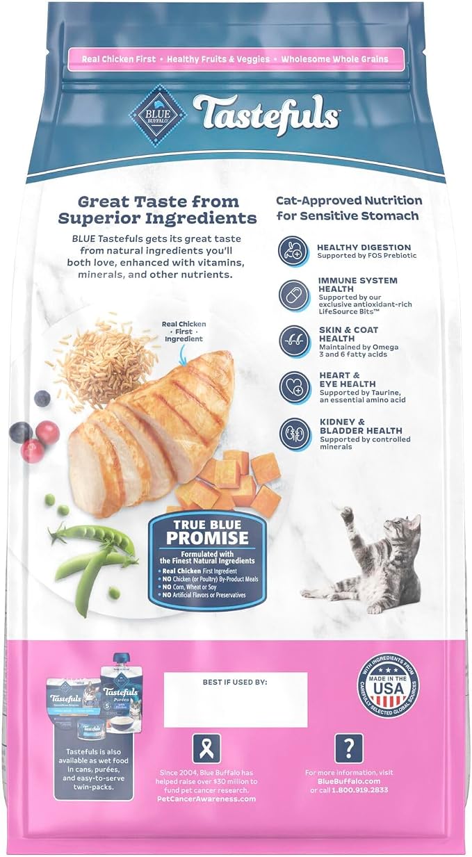 Blue Buffalo Tastefuls Chicken & Brown Rice Recipe Sensitive Stomach Adult Dry Cat Food, Real Chicken First, Deliciously Healthy Natural Cat Food, Natural Ingredients, Supports Digestion, 7-lb Bag