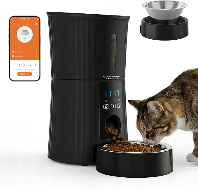 DUMOS 2.4G WiFi Automatic Cat Feeder, 4L Timed Cat Food Dispenser with APP Control, 10s Voice Recorder, Dual Power Supply, Indoor Programmable Pet Feeder with Desiccant for Small Cats and Dogs, Black