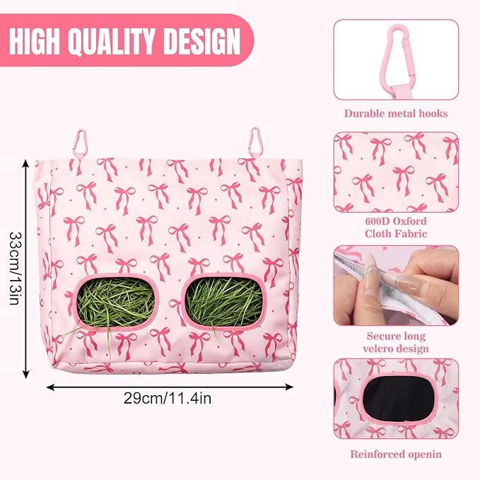 JarThenaAMCS 2Pcs Rabbit Hay Feeder Bag with 2 Holes Pink Bow Guinea Pig Hanging Hay Feeding Bag Large Storage Dispenser for Chinchilla Hamster Bunny Small Animal Pet