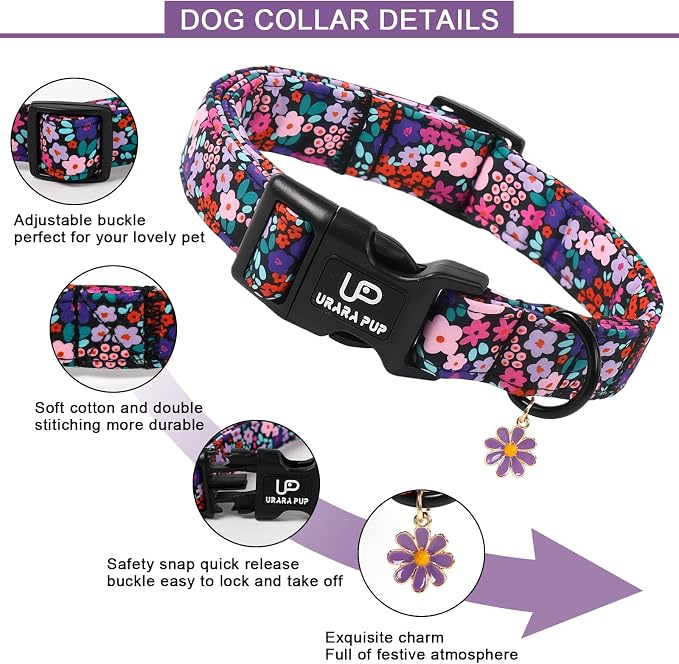 Floral Dog Collar, UP URARA PUP Colorful Floral Adjustable Pet Collar with Flower Charm, Daily Dog Accessories for Small Medium Large Dogs