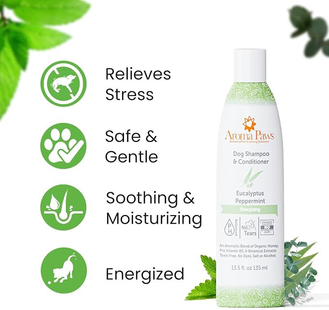 Dog Shampoo and Conditioner - Aromatic Tearless Shampoo for Cleansing, Grooming, and Conditioning - Moisturizing Shampoo for Dogs and Puppies - Eucalyptus Peppermint 13.5 oz