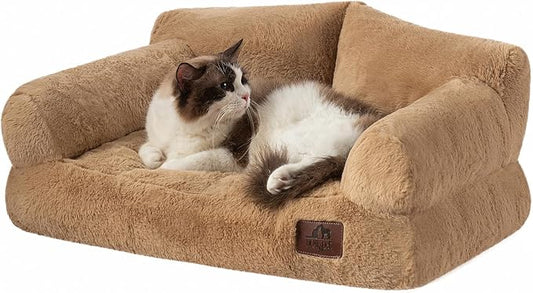 Hollypet Fluffy Dog Cat Bed Pet Couch Beds Plush Soft Warming Washable Puppy Bed for Small Medium Dogs and Large Cats, Light Brown, 24" L x 18" W x 10" Th