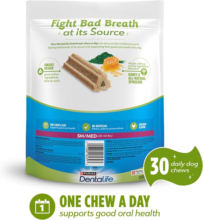DentaLife ActivFresh Pack of 3 Dog Chews for Small and Medium Dogs 20-40 lbs., Dental Chews to Freshen Breath, Chicken Flavor, 22.5 oz. each, 30 Chews each/90 Total Chews - 30 ct. Pouch