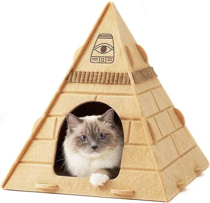 Cat House for Indoor Cats, Scratch-Resistant Cat Cave Bed, Felt Cat Scratch House Hideaway with Pharaoh Headdress, 17x17x20