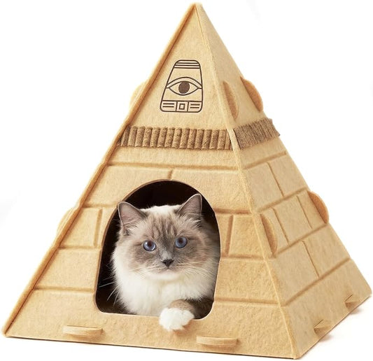 Cat House for Indoor Cats, Scratch-Resistant Cat Cave Bed, Felt Cat Scratch House Hideaway with Pharaoh Headdress, 17x17x20