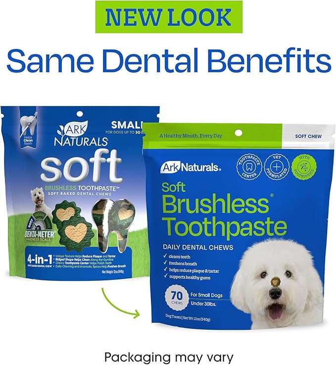 Ark Naturals Soft Brushless Toothpaste for Large Breeds, 18 oz Bag, Soft-Baked Dog Dental Chew with Toothpaste Center, Freshen Breath, Reduce Plaque & Tartar