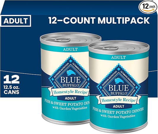Blue Buffalo Homestyle Recipe Fish & Sweet Potato Dinner with Garden Vegetables Natural Wet Dog Food for Adult Dogs, Paté with Natural Ingredients, Vitamins & Minerals, 12.5-oz. Can (12 Count)