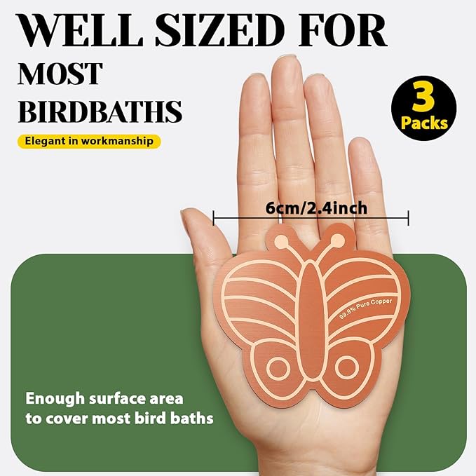 3Pcs Bird Bath Copper Purification Disk 99.99% Pure Copper Water Cleaning Discs 0.6mm Physical Clean Water for All-Season Universal Natural Fit for Outdoor Birdbaths, Bowls, Garden Fountain(Butterfly)