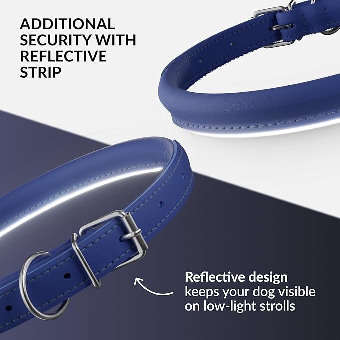 CollarDirect Reflective Rolled Leather Dog Collar, Soft Padded Round Puppy Collar, Handmade Genuine Leather Collar Dog Small Large Cat Collars 13 Colors (15-19 Inch, Deep Blue Reflective)