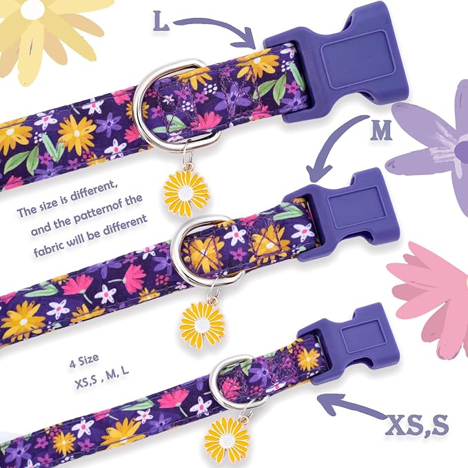 Faygarsle Cotton Dog Collar Cute Dog Collars for Small Medium Large Dogs Purple Yellow Floral Colored Options Soft and Fancy Pet Collars for Girls Flower Pattern for Girl Dog Collar S