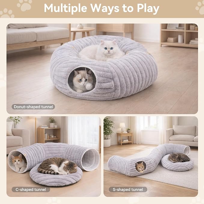 Cat Tunnel Bed Cave - Soft Washable Cushion for Indoor Cats, Peekaboo Hideaway Cave for Indoor Cats, Kittens, Puppies, Rabbits, Luxurious Striped Hare-Feel Fabric, Tunnels for Indoor Cats Large(Grey)