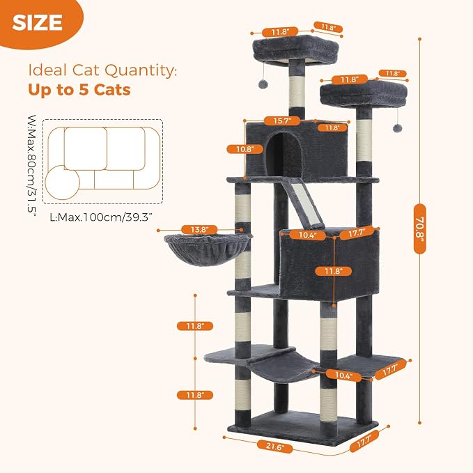 MUTTROS 70.8" Tall Cat Tree for Large Cats, Multi-Level Cat Tower with 8 Sisal Scratching Posts, 2 Top Perches, Big Condo, Large Hammock, and Cat Furniture for Indoor Cats, Dark Gray