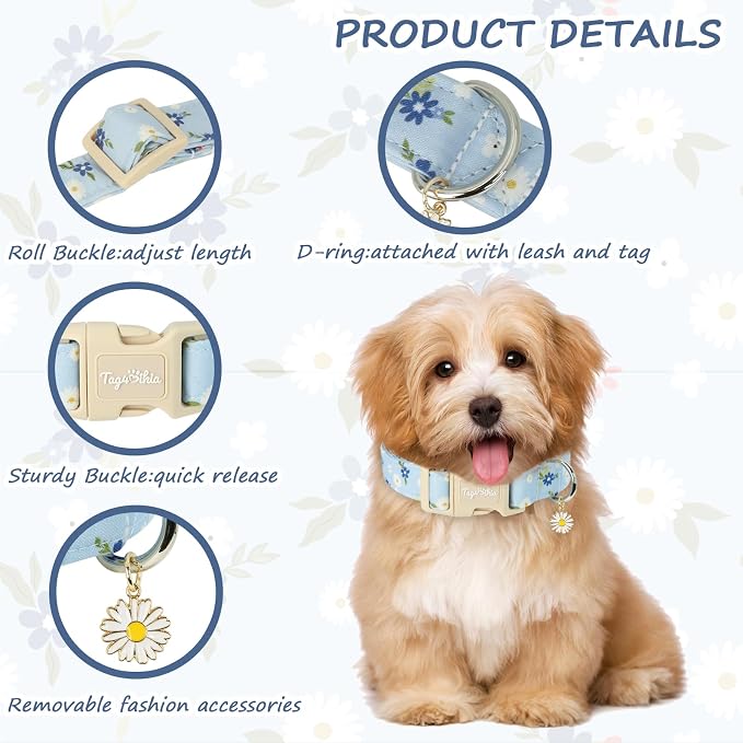 Dog Collar with Floral Patterns, Spring Summer Collection Blue Dog Collar with Exquisite Pendant, Durable Adjustable Collars for Gifts & Daily Use-S