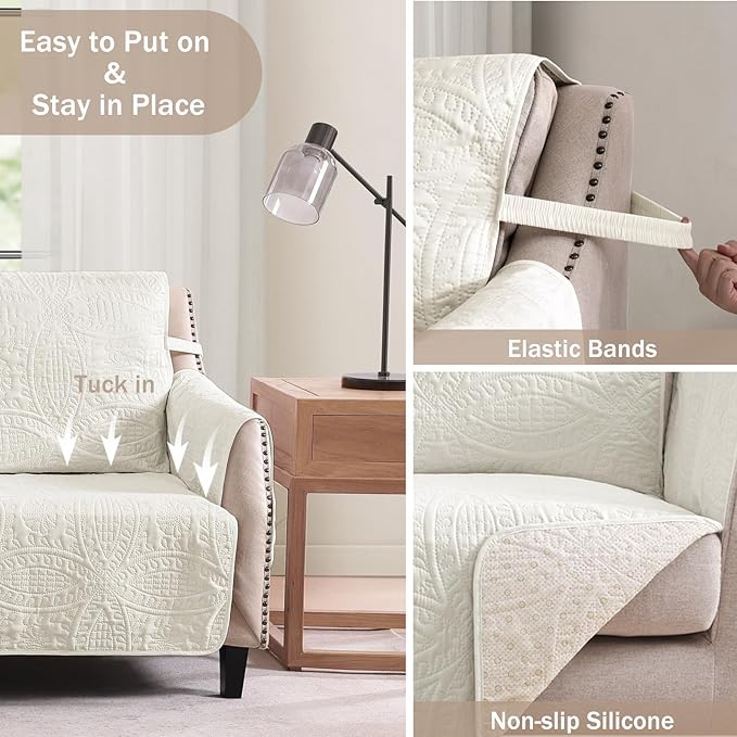 Large Ivory Recliner Chair Covers, Quilted Décor Water-Repellent Lazy Boy Chair Covers, Pet Friendly Large Recliner Cover for Dogs Cats, Washable Couch Cover (Recliner 30", Ivory White)