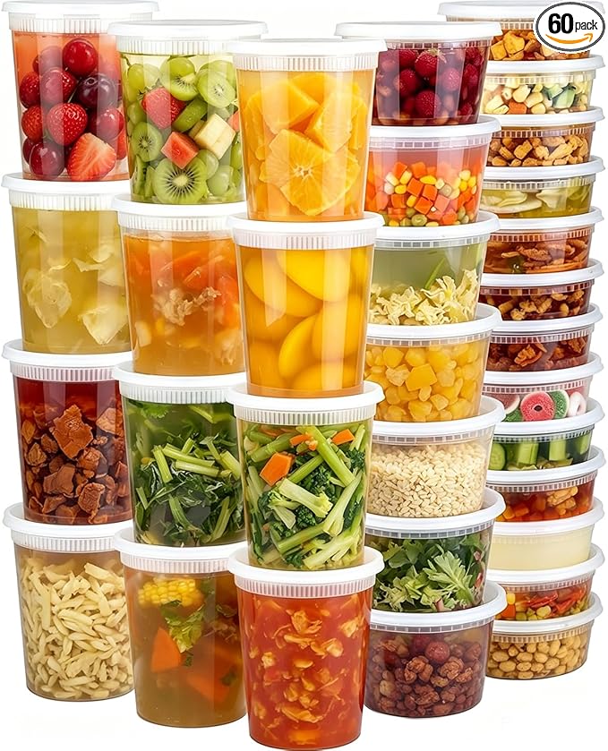 Clawsoff 60 Sets Deli Containers with Lids, 32/16/8 oz X 20 Set Each, Leak-Proof & BPA Free Airtight Takeout Plastic Food Storage Containers for Soup, Freezer/Microwave/Dishwasher Safe