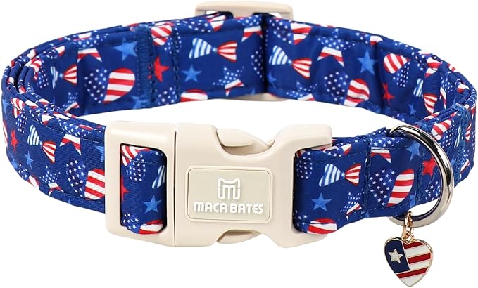 Maca Bates 4th of July Dog Collar with Patriotic Heart Charm for Large Girl Boy Dogs, American Flag Pattern,Pretty Adjustable Durable Collars Blue Independence Day Gift for Male Female Puppy