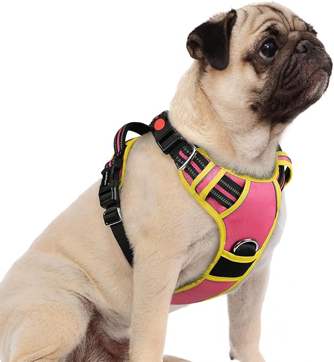 rabbitgoo Dog Harness Small Sized, 3 Buckles Easy On & Off No Pull Pet Vest, Soft Padded Walking Pet Harness with Control Handle, Adjustable and Reflective, Pink & Yellow, S