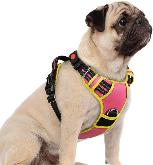rabbitgoo Dog Harness Small Sized, 3 Buckles Easy On & Off No Pull Pet Vest, Soft Padded Walking Pet Harness with Control Handle, Adjustable and Reflective, Pink & Yellow, S