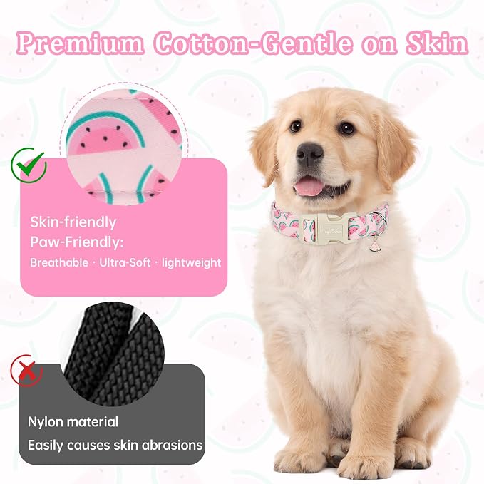 Summer Dog Collar, Cute Pink Dog Collar with Watermelon Pattern, Cotton Adjustable Pet Collars for Small Medium Large Dogs, Gift for Boys Girls Dogs-S
