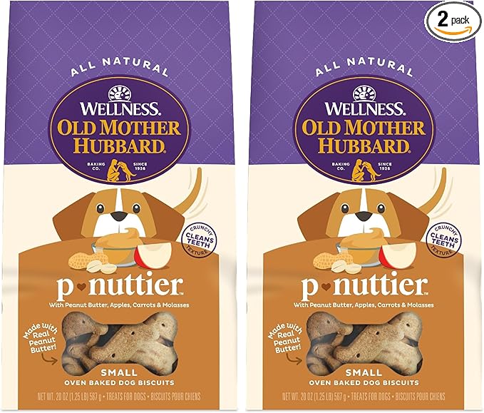 Old Mother Hubbard Wellness Classic P-Nuttier Dog Biscuits, Natural Training Treats, Peanut Butter Flavor, Small Size, 20 oz Bag (Pack of 2)