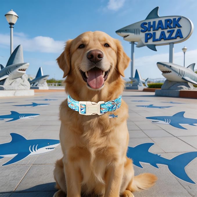 Summer Shark Dog Collar for Boy Dogs- DOGWONG Beach Coastal Dog Collar, Adjustable Soft Hawaiian Dogs Collars for Large Dogs, XL