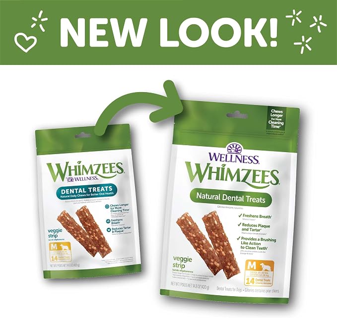 Whimzees Wellness Veggie Strip Natural Dog Dental Treat, Chews, Freshens Breath, Medium Size, 14.81 oz Bag, 14 Count (Pack of 2)