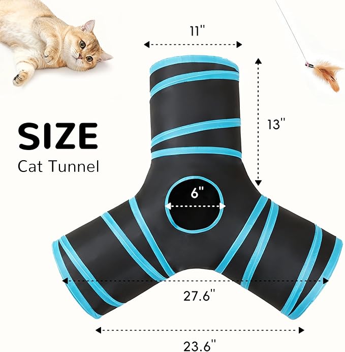 Tempcore Pet Cat Tunnel Tube Toys 3 Way Collapsible, Tunnels for Indoor Cats, Interactive Tube with Teaser Wand, Peek Holes & Hanging Ball, Black & Blue