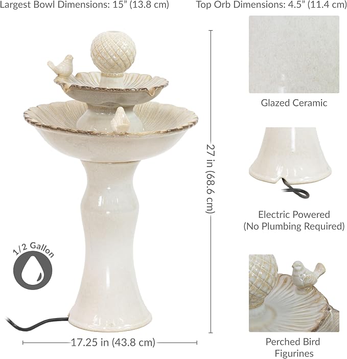 Sunnydaze 27" H 2-Tier Ceramic Water Fountain - Outdoor Water Feature for Patio, Yard, Balcony - Garden Fountain - White