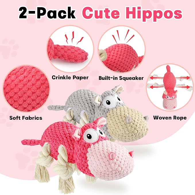 TOOPTATE Squeaky Dog Toy Set - 2-Pack Plush Dog Toys for Small Medium Large Dogs, Keep Them Busy (Gray & Pink, Medium)