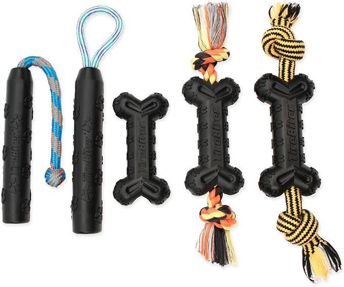 Mammoth Pet Products TireBiterII e with Cotton-Poly Rope – Natural Rubber Dog Toys for Extreme Chewers – Dog Toys for Extra Long Interactive Play – Aggressive Chewer Toys for Dogs - Large 16”, Black (31023F)