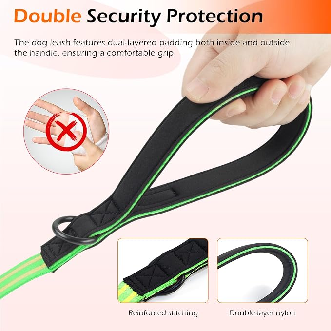 Double Handle Dog Leash for Large Dogs, Heavy Duty Adjustable Leash with Soft Padded Handles, Traffic Control Training Lead for Walking, Running (Green & Yellow Stripe, 6 ft)