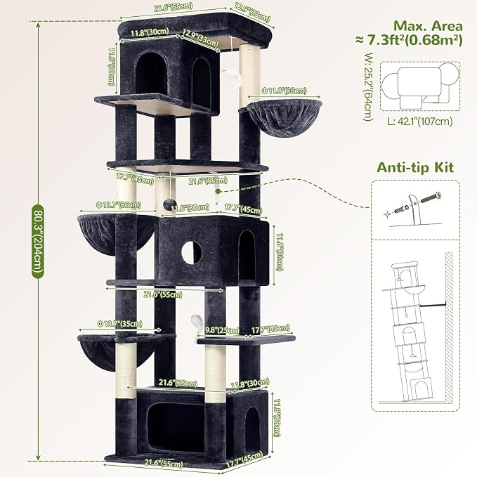 Globlazer Large Cat Tree, 80 inch Multi-Level Tall Climbing Tower Kitty Condos Cat Scratching Tower for Indoor Multiple Large Adult Cats Kittens with 3 Cat Caves, 3 Hanging Baskets, F80F, Dark Grey