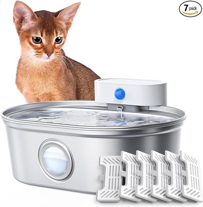 uahpet Wireless Cat Water Fountain Stainless Steel Pro, External Pump Battery Operated Pet Waterer, Dog Drinking Dispenser with Water Level Window, 67oz/2L
