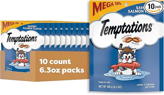 Temptations Cat Treats Classic Crunchy and Soft Cat Treats, Savory Salmon Flavor, 6.3 oz. Pouch (Pack of 10)