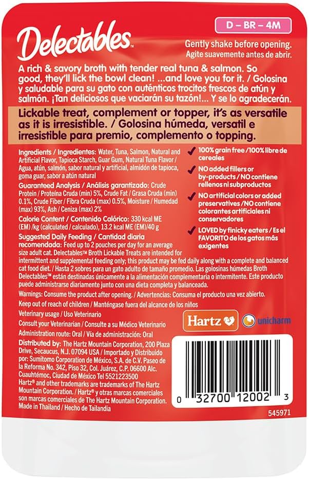 Delectables Lickable Treat Savory Broths Wet Cat Treat with Real Tuna & Salmon, Food Topper, Hydrating, Grain-Free, No Fillers, No By-Products, No-Added Preservatives, 1.4oz Pouch (Pack of 24)